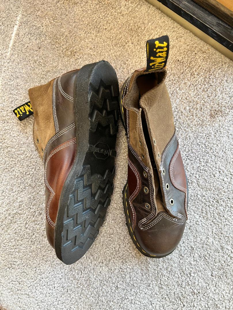 Dr. Marten boots repaired and resoled with Vibram 4014 replacement soles.