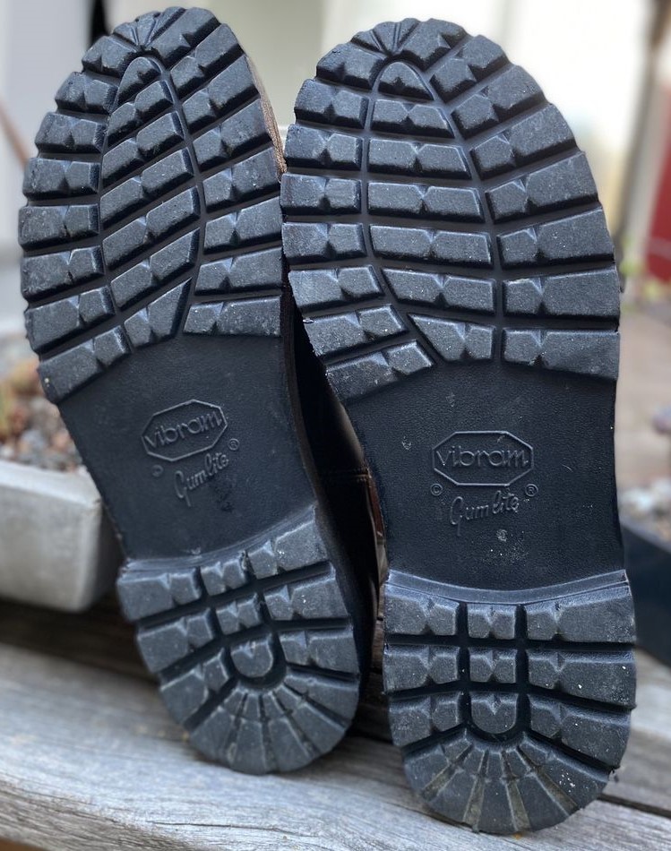 Dr. Marten boots after professional resole with new Vibram replacement soles.