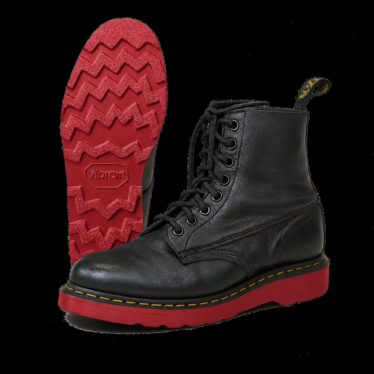 Custom rebuilt Dr. Martens boots red-soles.