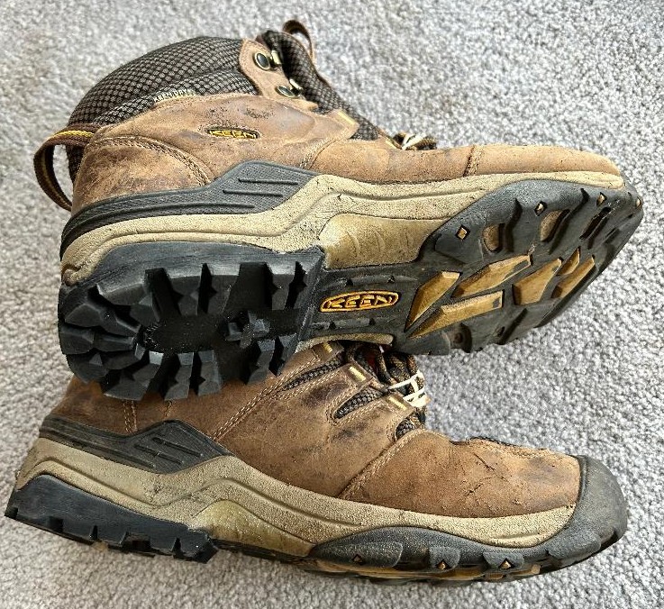 Keen hiking boots re-heeled with Vibram dense rubber Kletterlift heels. 